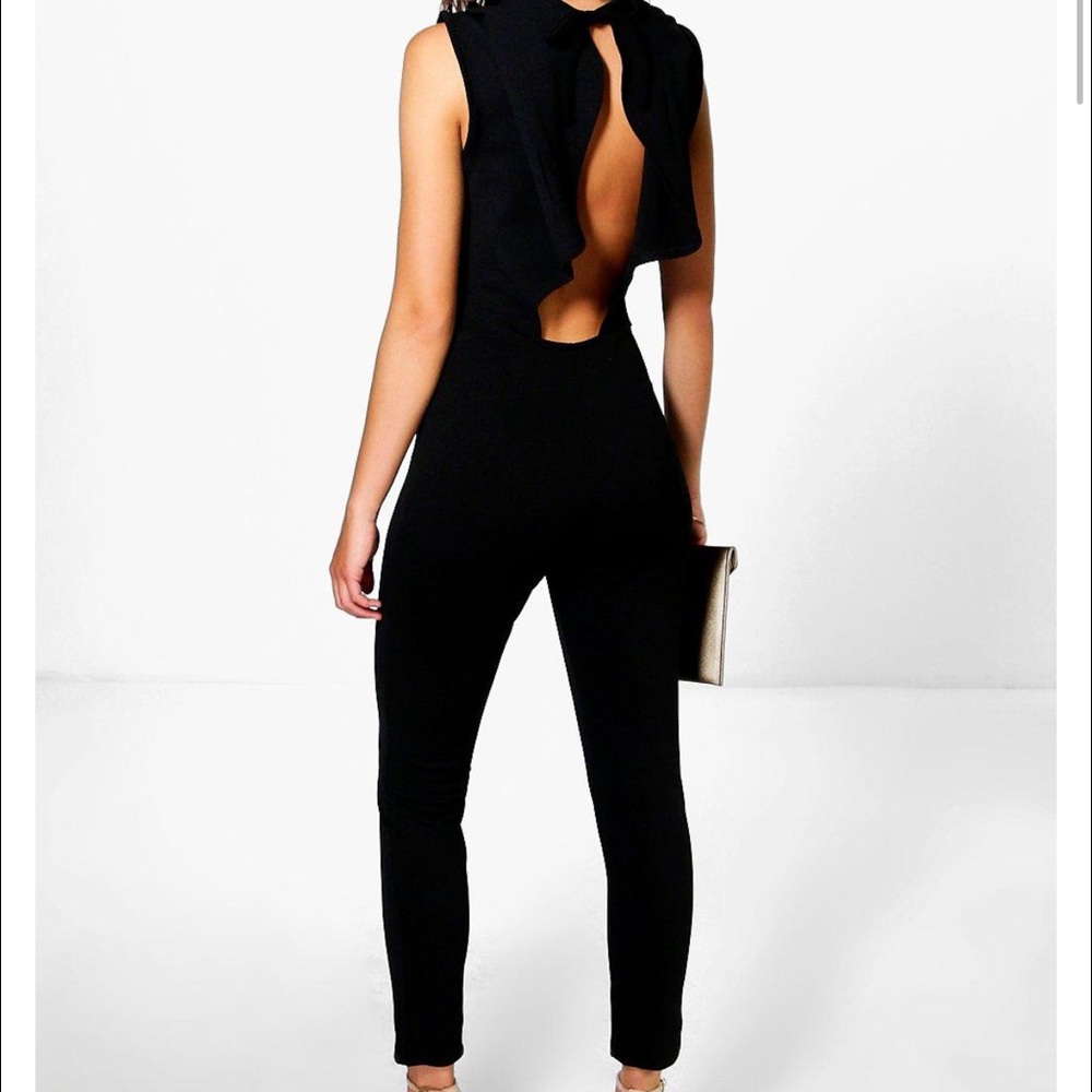 Boohoo Black Open-Back Ruffle Jumpsuit